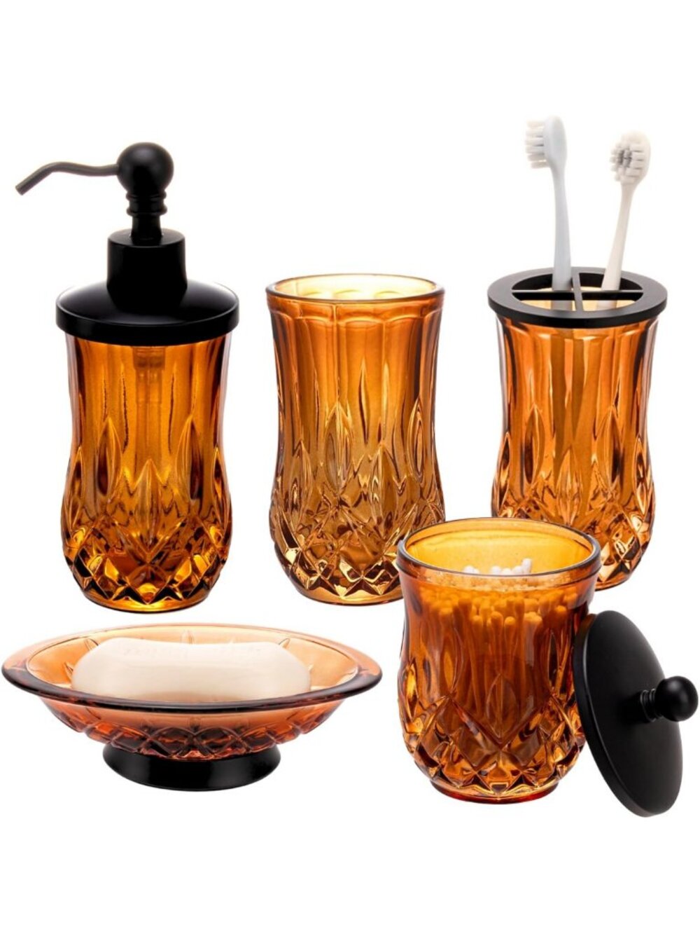 Stylish Amber Bathroom Accessories Set - Round Thick Glass & Zinc Alloy Pump